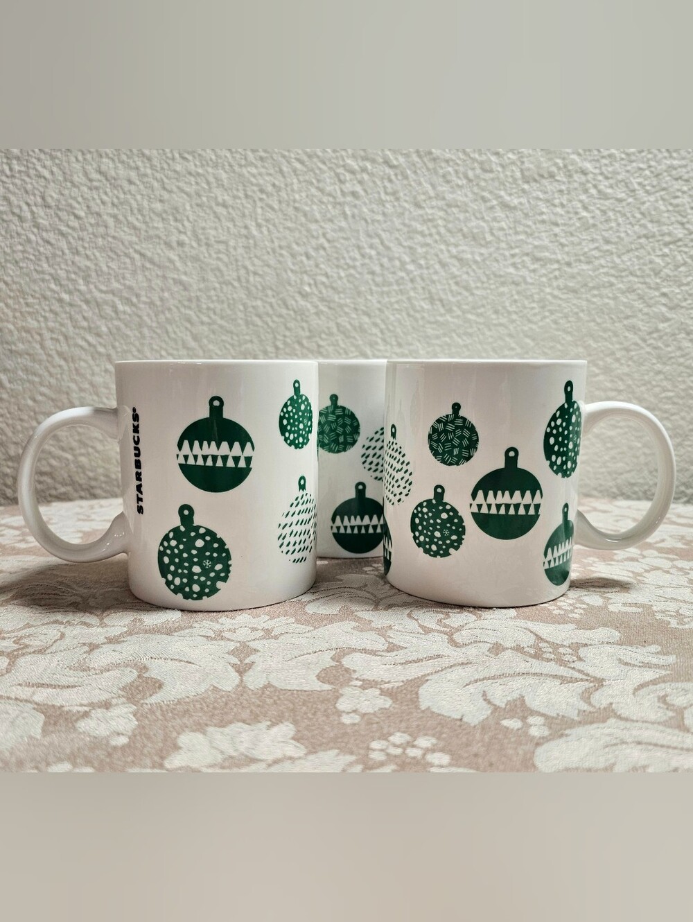 Starbucks Holiday Ornament White & Green Ceramic Mugs - 3 2016